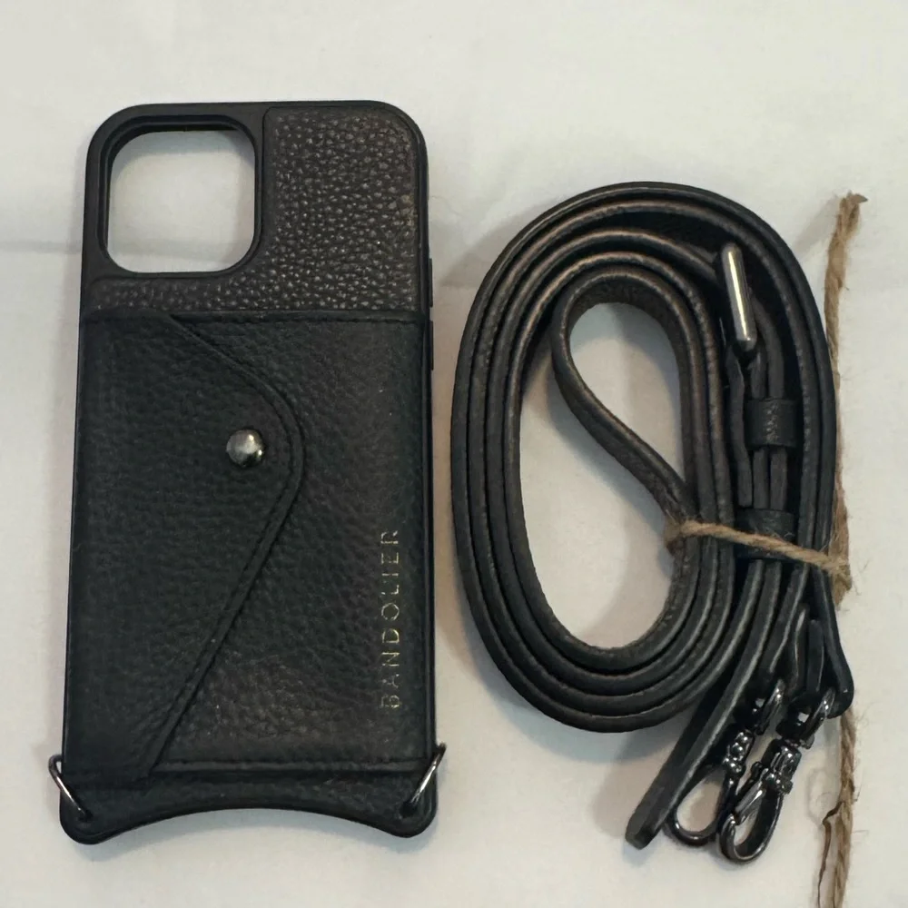 Bandolier Black Pebbled Leather Phone Case with Strap